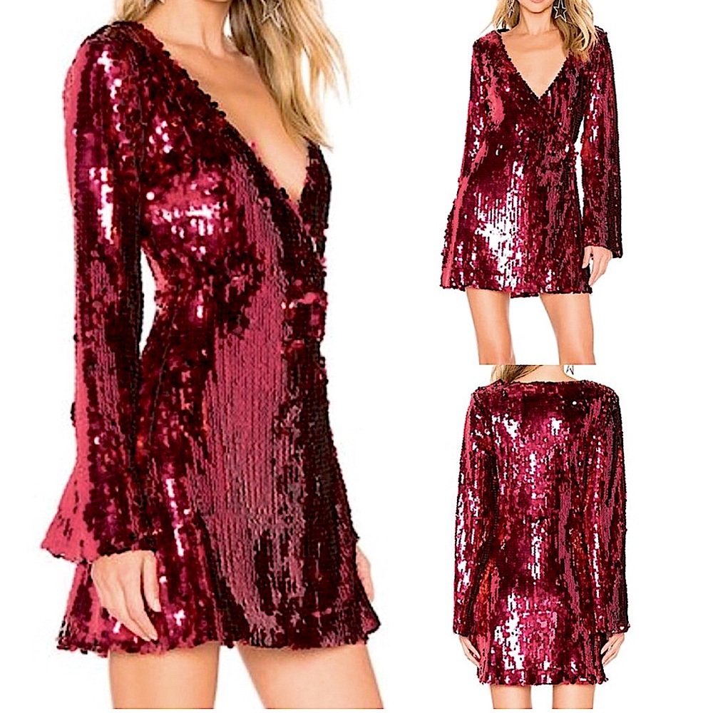 Boohoo Maroon Bugundy Red Sequin Sparkle Flare Sleeve V Neck Wrap Mini Dress NWT